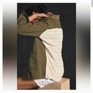 Anthropologie Green Army Utility Jacket with White Embroidered Back Size S Boho